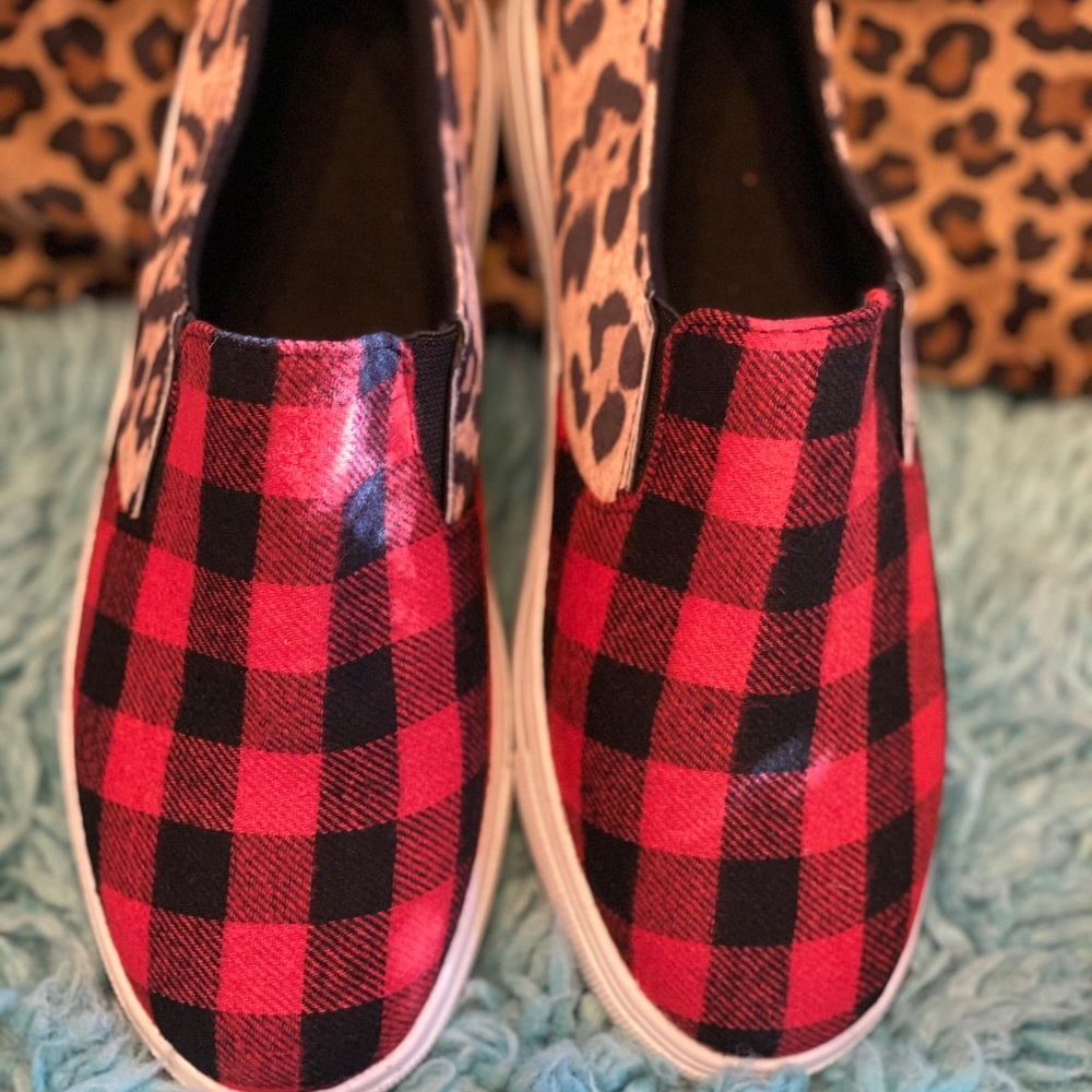 Buffalo plaid/Leopard sneakers size 6